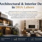 Luxury architectural exterior and modern interior living room design showcasing premium home construction and elegant décor, representing Architectural & Interior Design in DHA Lahore.