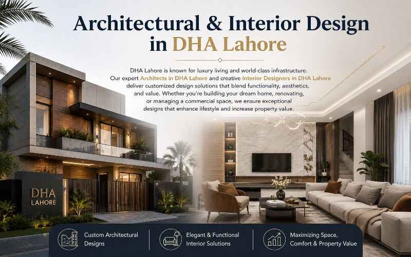 Luxury architectural exterior and modern interior living room design showcasing premium home construction and elegant décor, representing Architectural & Interior Design in DHA Lahore.