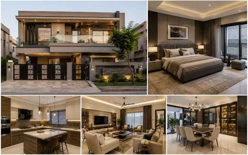 Modern house exterior and luxury interior spaces showcasing Architectural & Interior Design in Jubilee Town Lahore.