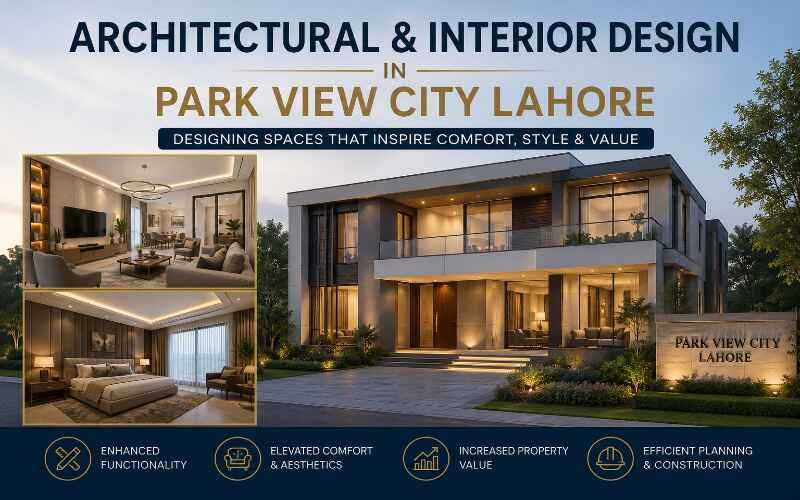 Architectural & Interior Design in Park View City Lahore showcasing modern luxury house exterior with elegant interior living spaces and contemporary design.