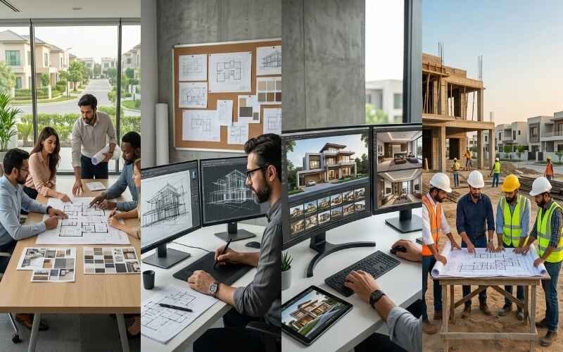Architectural & Interior Design in Park View City Lahore showing architects and engineers working on planning, 3D designs, and construction site discussions.