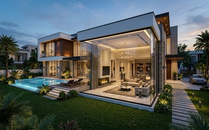 Modern luxury home showcasing Architectural & Interior Design in Lake City Lahore with elegant glass walls, spacious living areas, and contemporary landscaping.