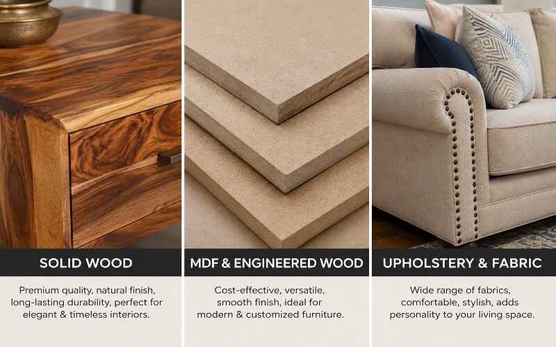Furniture materials showcase including solid wood, MDF, and upholstery options for Furniture Solutions in DHA Lahore.
