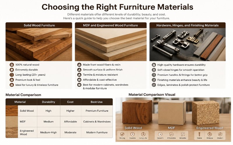Guide comparing solid wood, MDF, and engineered wood for Furniture Solutions in Park View City Lahore.