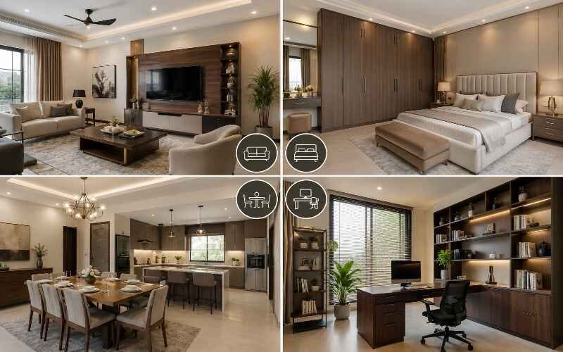 Modern home interior featuring living room, bedroom, dining area, and office with Furniture Solutions in Park View City Lahore.