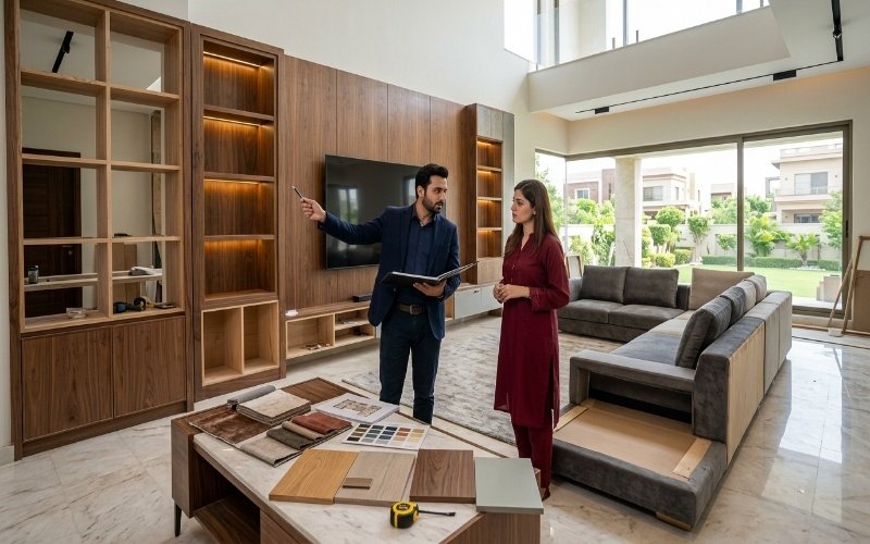 Expert consultation for Furniture Solutions in Fazaia Housing Scheme Lahore with custom wooden cabinetry and modern living room design.