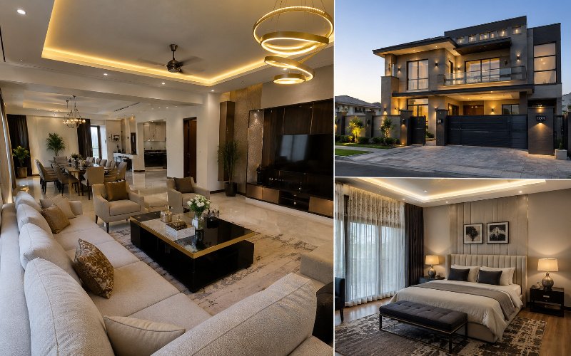 Modern luxury home design showing living room, bedroom, and exterior view with Furniture Solutions in DHA Lahore.
