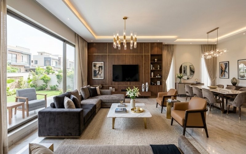 Modern luxury living room showcasing elegant Furniture Solutions in Fazaia Housing Scheme Lahore with stylish sofas, wooden TV wall, dining area, and premium interior design.