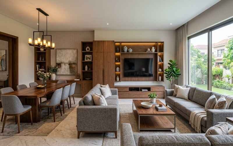 Modern living and dining area with custom wood furniture solutions in Jubilee Town Lahore.