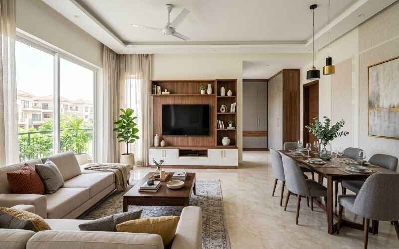Modern living and dining room with elegant custom furniture showcasing Furniture Solutions in Park View City Lahore for a stylish and functional home.