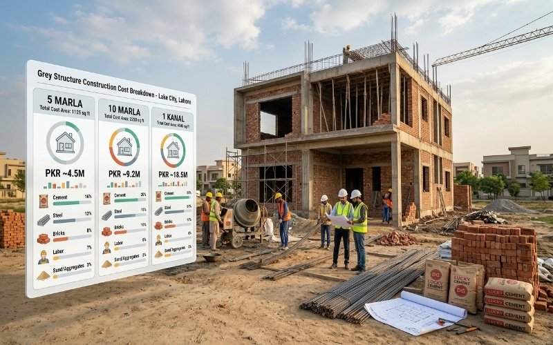 Grey Structure Construction in Lake City Lahore showing a residential building under construction with workers, cement materials, steel bars, and a cost breakdown chart for different house sizes.