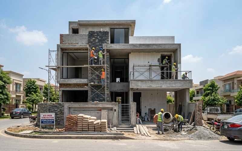 Modern under-construction house showing Grey Structure Construction in DHA Lahore with workers, scaffolding, and ongoing finishing work on a contemporary building exterior.