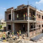 Grey Structure Construction in Lake City Lahore showing a modern house under construction with RCC structure, brick walls, and workers on site during building process