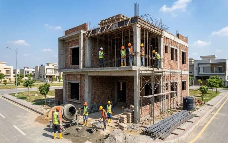 Grey Structure Construction in Lake City Lahore showing a modern house under construction with RCC structure, brick walls, and workers on site during building process