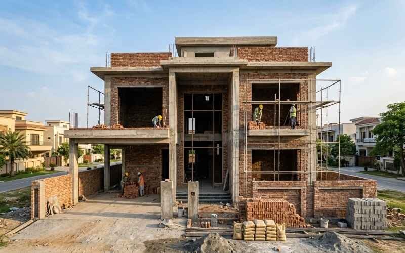 Modern house under construction showing a strong grey structure with workers on site, representing Grey Structure Construction in Park View City Lahore.
