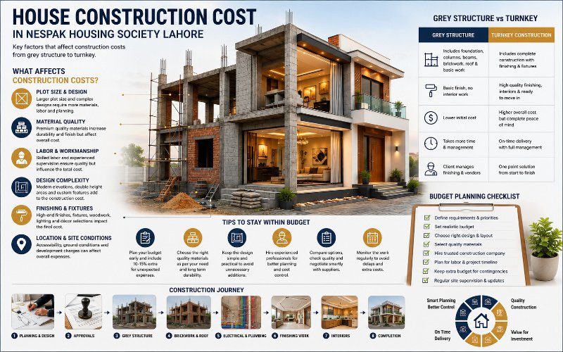 House Construction in Nespak Housing Society Lahore – construction cost guide with grey structure and turnkey comparison.