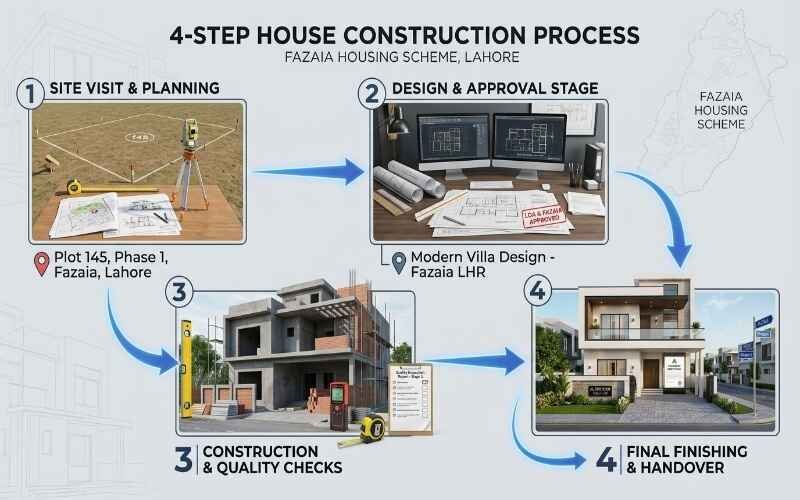 4-step House Construction in Fazaia Housing Scheme Lahore process showing planning, design, construction, and final handover.