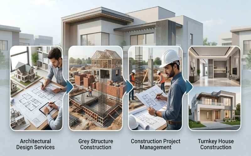 Architectural design, grey structure, project management, and turnkey house construction stages showing House Construction in Jubilee Town Lahore process.