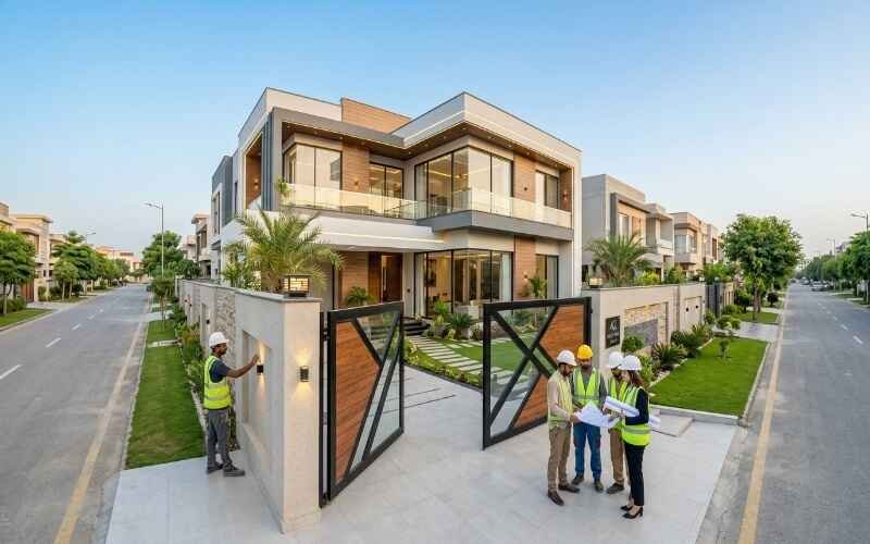 Modern luxury house construction in Agrics Town Lahore with engineers inspecting the project on-site.