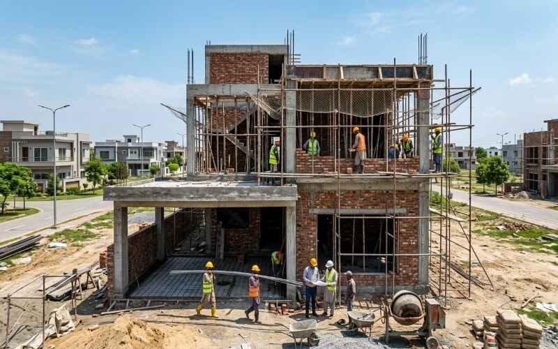 House Construction in DHA Lahore – A modern double-story house under construction with exposed brick walls, concrete framework, scaffolding, and construction workers actively working on-site in a residential DHA Lahore neighborhood.