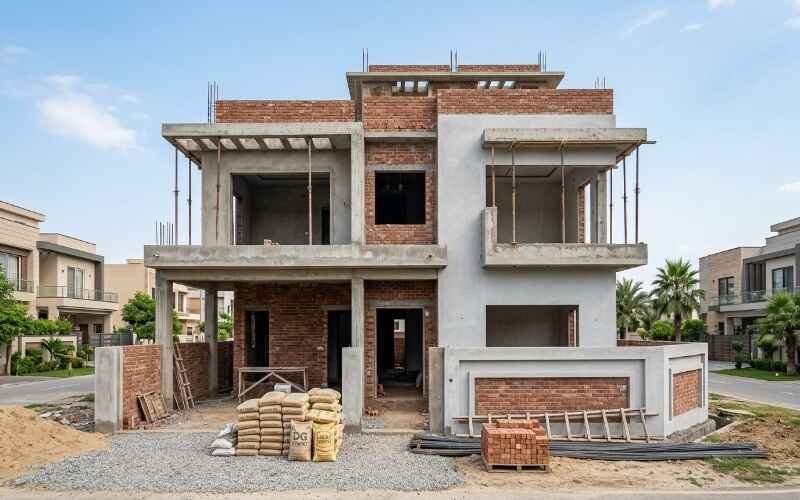 Modern House Construction in Fazaia Housing Scheme Lahore with a double-story grey structure in the finishing phase.