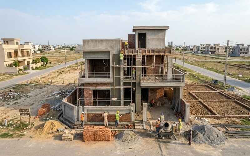 House Construction in Jubilee Town Lahore showing a modern residential building under construction with workers, scaffolding, and brickwork in progress.