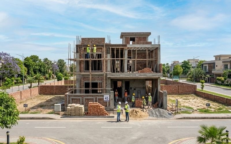 House Construction in Nespak Housing Society Lahore – modern double-storey house under construction.