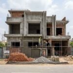 House Construction in Park View City Lahore showing a modern residential building under construction with workers, scaffolding, bricks, and cement materials on site.