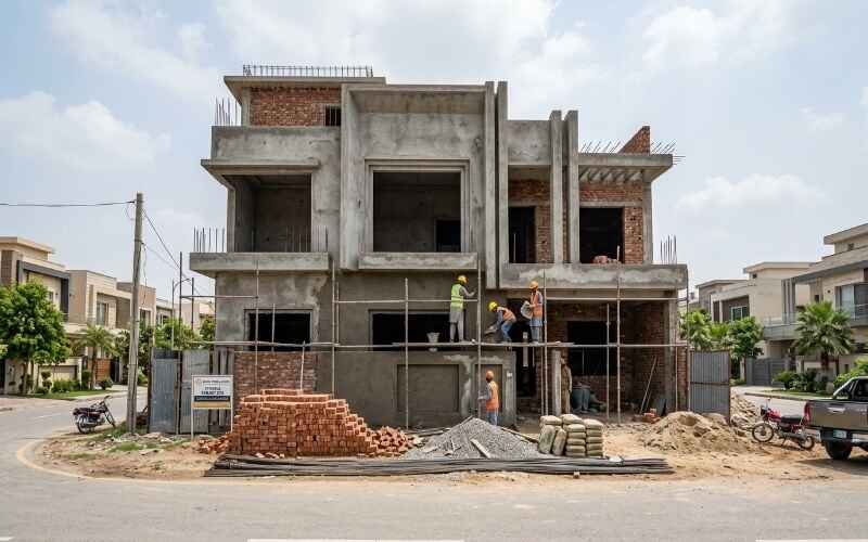 House Construction in Park View City Lahore showing a modern residential building under construction with workers, scaffolding, bricks, and cement materials on site.