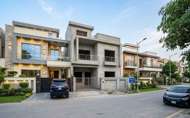 Modern house construction in T&T Aabpara Housing Society with stylish front elevations and parked cars, showcasing House Construction in T&T Aabpara Housing Society.
