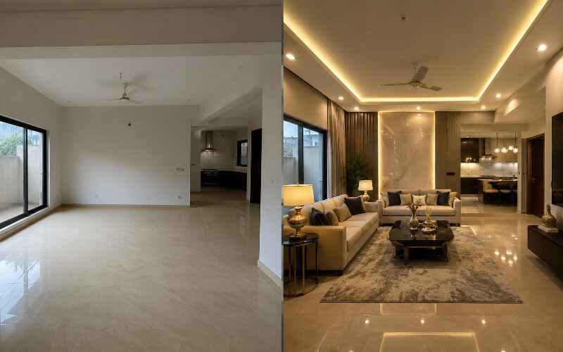 Before and after transformation showcasing Architectural & Interior Design in DHA Lahore with a modern luxury living room makeover.