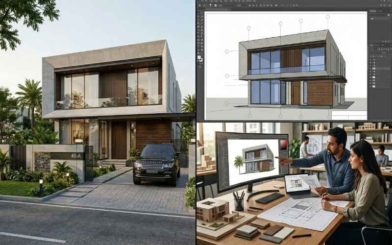 Modern luxury house exterior with architectural 3D design and client meeting, showcasing Architectural & Interior Design in DHA Lahore.