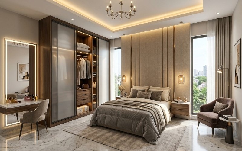 Modern bedroom with stylish Furniture Solutions in Fazaia Housing Scheme Lahore, featuring a custom wardrobe and elegant interior.