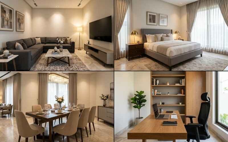 Modern home setup showcasing Furniture Solutions in DHA Lahore with living room, bedroom, dining area, and home office designs.