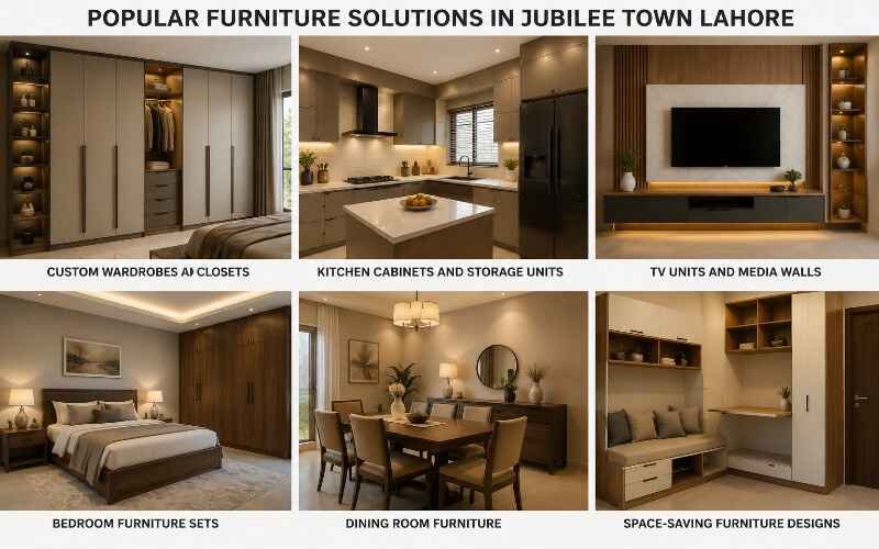 Custom wardrobes, kitchen cabinets, TV units, and dining furniture showcasing modern Furniture Solutions in Jubilee Town Lahore.