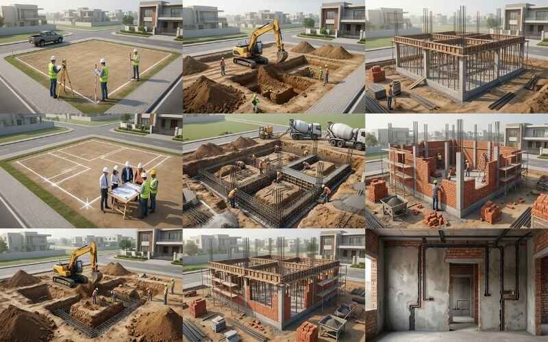 Grey Structure Construction in DHA Lahore showing step-by-step building process including site marking, excavation, foundation work, steel reinforcement, brick masonry, and structural development of modern houses.