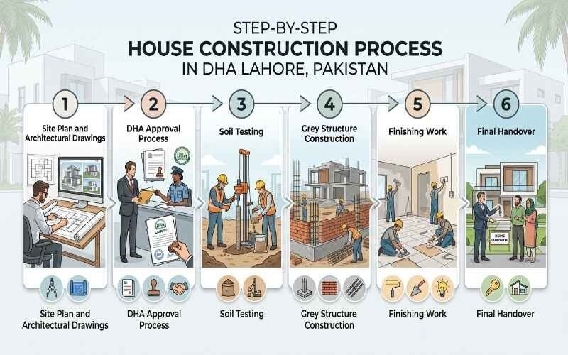 Step-by-step House Construction in DHA Lahore infographic illustrating the complete home-building process, including site planning, DHA approvals, soil testing, grey structure construction, finishing work, and final handover.