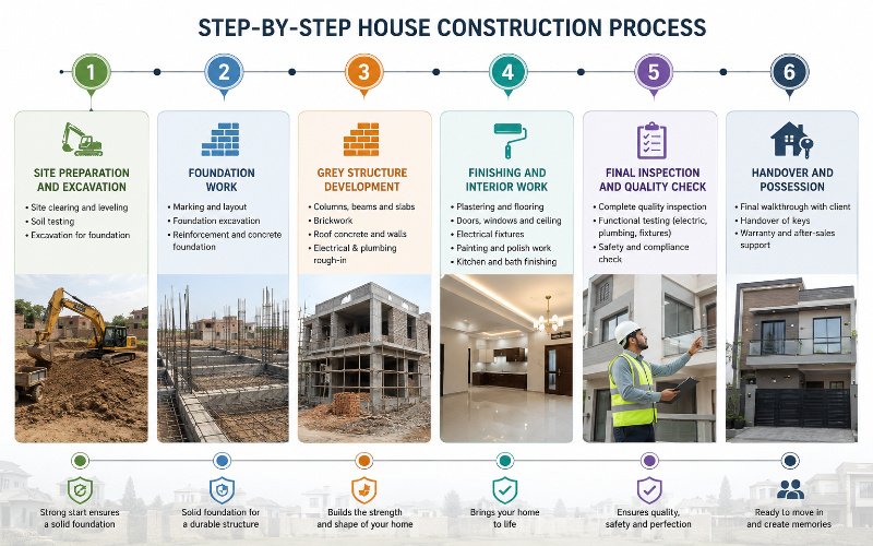 Step-by-step house construction process showing site preparation, foundation, grey structure, finishing, inspection, and handover for House Construction in Jubilee Town Lahore.