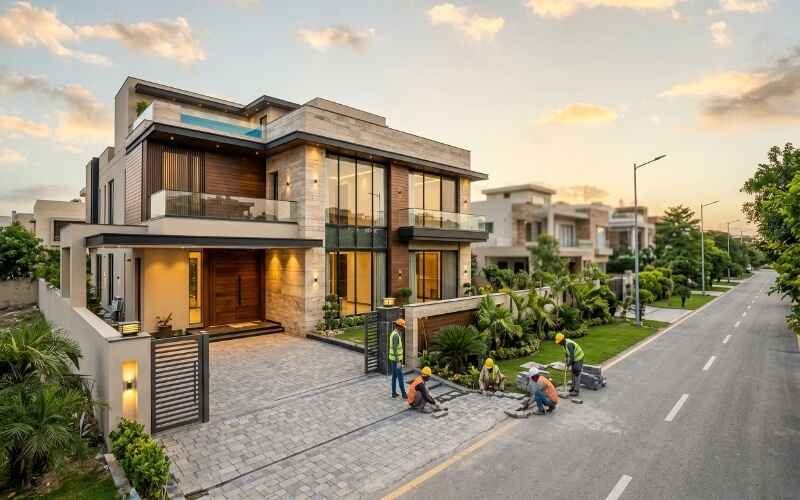 Modern luxury house under construction in a premium residential community, showcasing high-end architecture, landscaped frontage, and professional workmanship, highlighting Turnkey Construction in DHA Lahore.