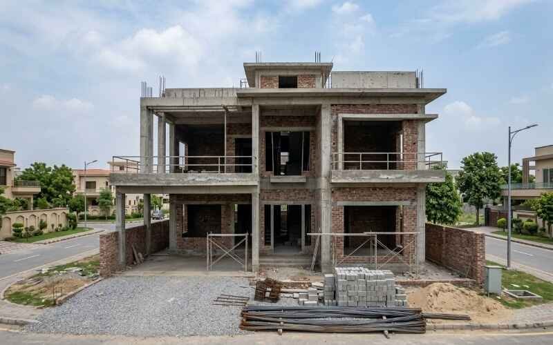 Modern house under construction showcasing Grey Structure Construction in Park View City Lahore with a durable concrete and brick framework.
