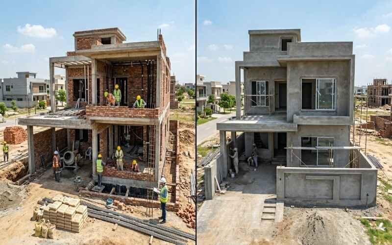 Grey Structure Construction in Lake City Lahore showing building process from brick work stage to finished concrete structure with workers on site and modern house design.