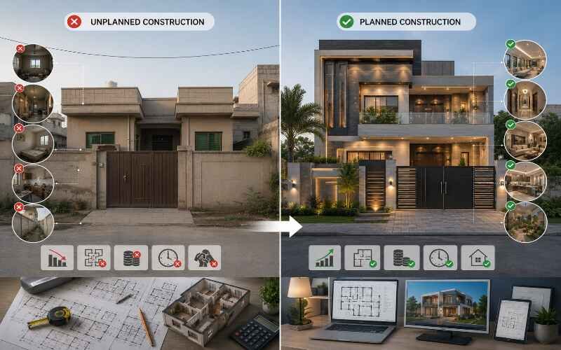 Architectural & Interior Design in Jubilee Town Lahore showing unplanned vs planned construction comparison of modern house design.