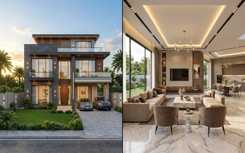 Luxury residence featuring Architectural & Interior Design in Lake City Lahore with a modern exterior, elegant living room, and premium contemporary finishes.