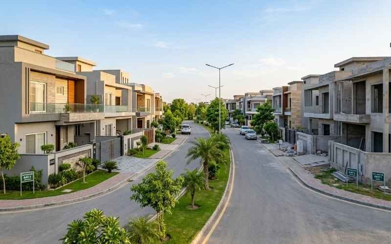 Modern House Construction in Fazaia Housing Scheme Lahore featuring newly built homes and ongoing residential development.