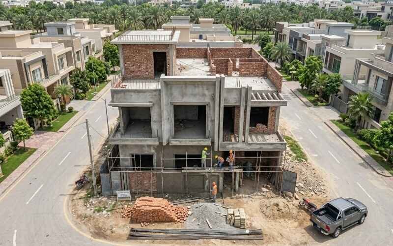 House Construction in Park View City Lahore showing a modern under-construction residential building with workers on site and surrounding developed houses.