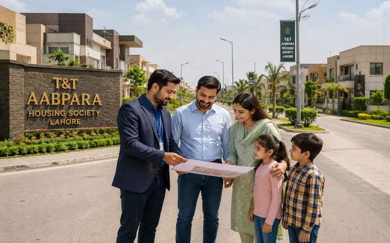Family discussing house plan with real estate agent in T&T Aabpara Housing Society, showcasing House Construction in T&T Aabpara Housing Society.