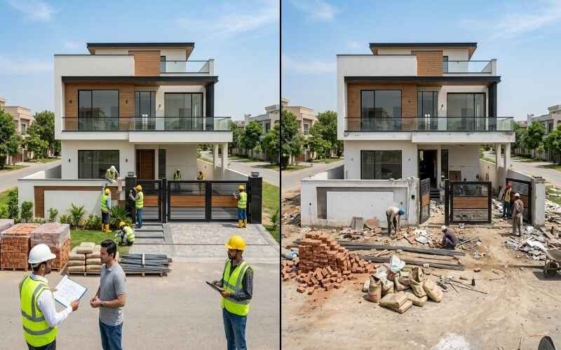 House Construction in Agrics Town Lahore showing a modern home under construction and after project completion.