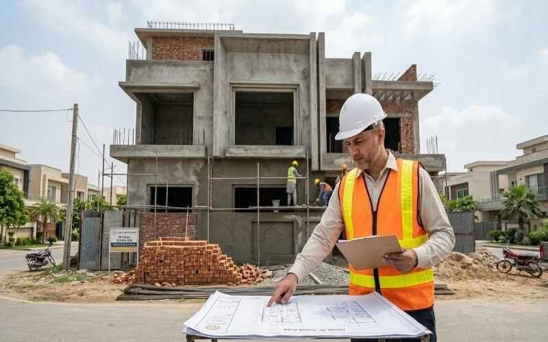 House Construction in Park View City Lahore showing an engineer reviewing building plans at an under-construction house site.