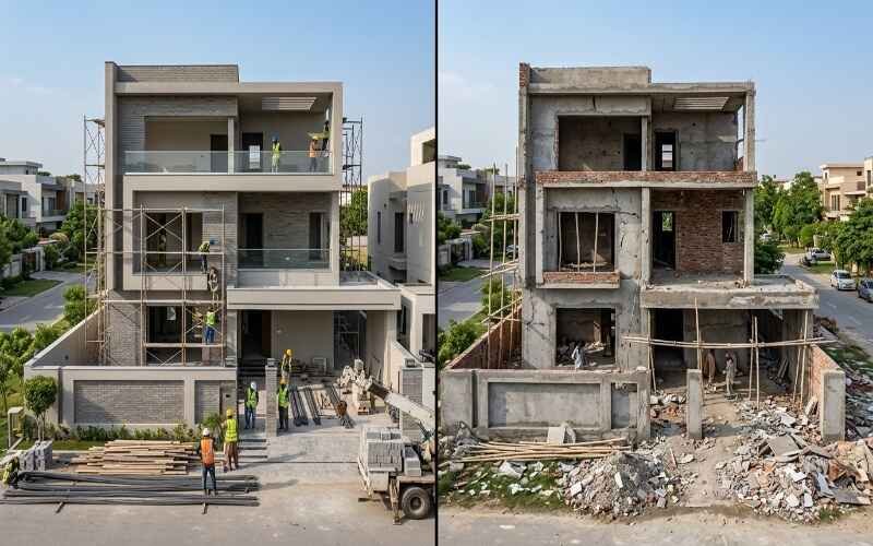 Before and after comparison of a residential project showing Grey Structure Construction in DHA Lahore, featuring a building in early grey structure stage and another in near-completed modern finish with workers and scaffolding.