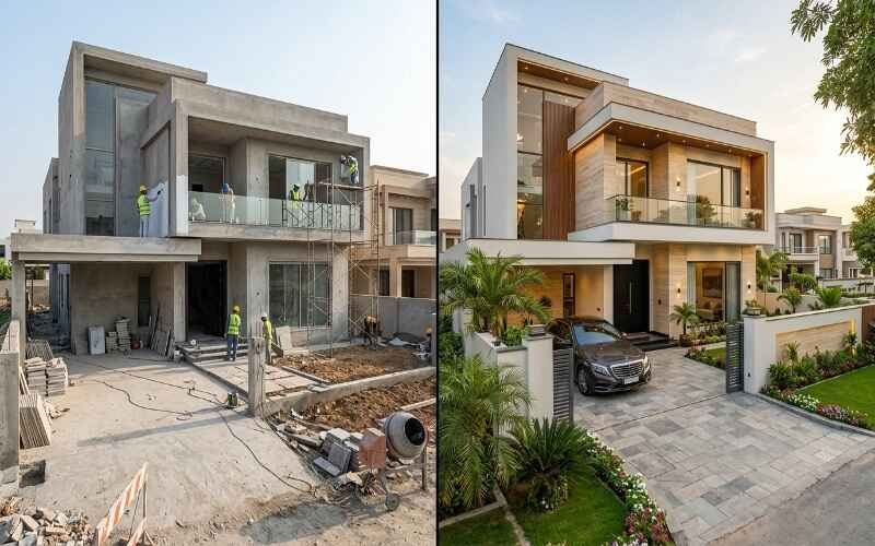 Before-and-after comparison of a modern luxury home, showcasing the transformation from construction phase to a fully completed residence through professional Turnkey Construction in DHA Lahore services.